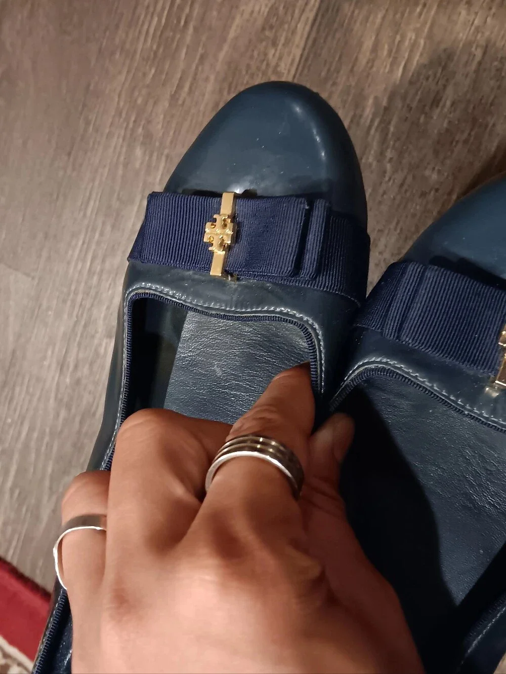 Tory Burch Navy Bow-Accent Ballet Flats with Gold Logo
